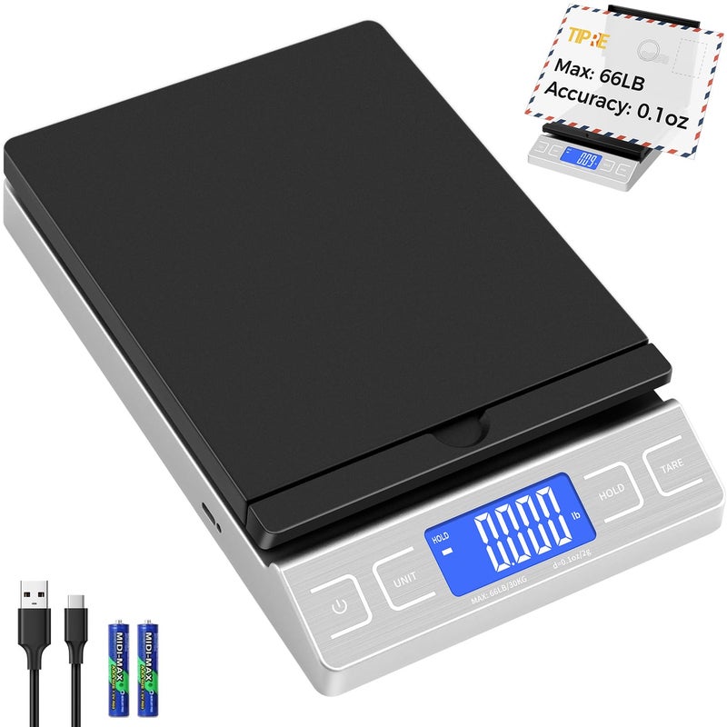TIPRE Digital Shipping Postal Scale, Mail Scale with Envelope Flip Holder, 66lb/0.1oz Postage Scale for Package, Small Business, Post Office, Hold&Tare Function, Battery&Type-C Charging Cable - Silver - Image 1